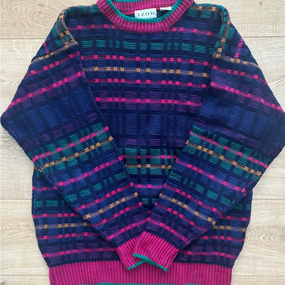 Vintage IZOD 80s Sweater 90s Plaid Oversized Sweater Jewel Tone Geometric Knit